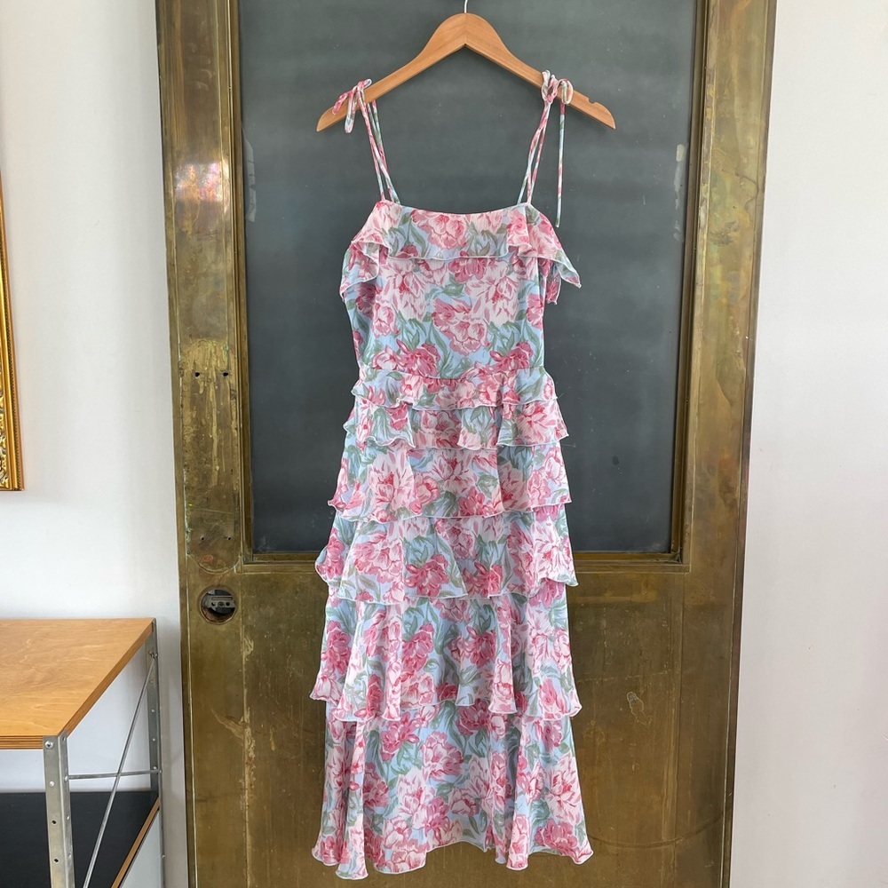 WAYF Floral Ruffle Tiered Midi Dress Tie Strap Pink Blue Size S